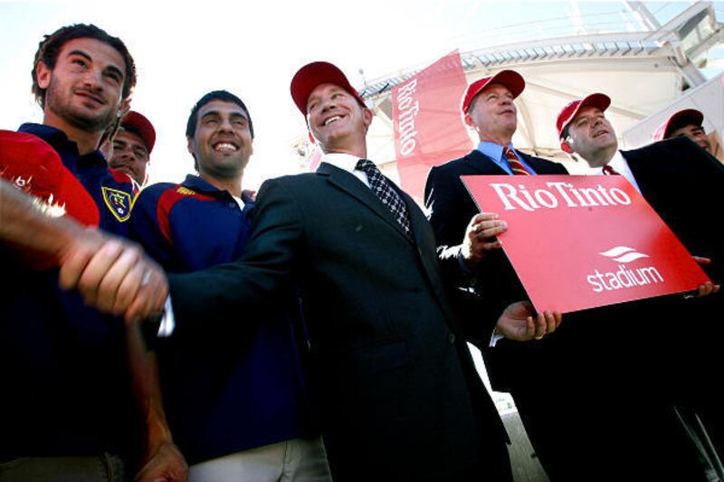 RSL player Kyle Beckerman, assistant coach Jeff Cassar, player Javier Morales, team president Bill Manning, owner Dave Checketts and Rio Tinto CEO Bret Clayton at the announcement of naming rights for Rio Tinto Stadium in Sandy.