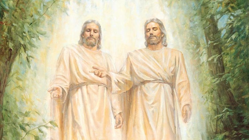 The LDS Church posted an article Tuesday titled "Becoming like God." This image depicts the First Vision, in which Joseph Smith saw God and Jesus Christ.