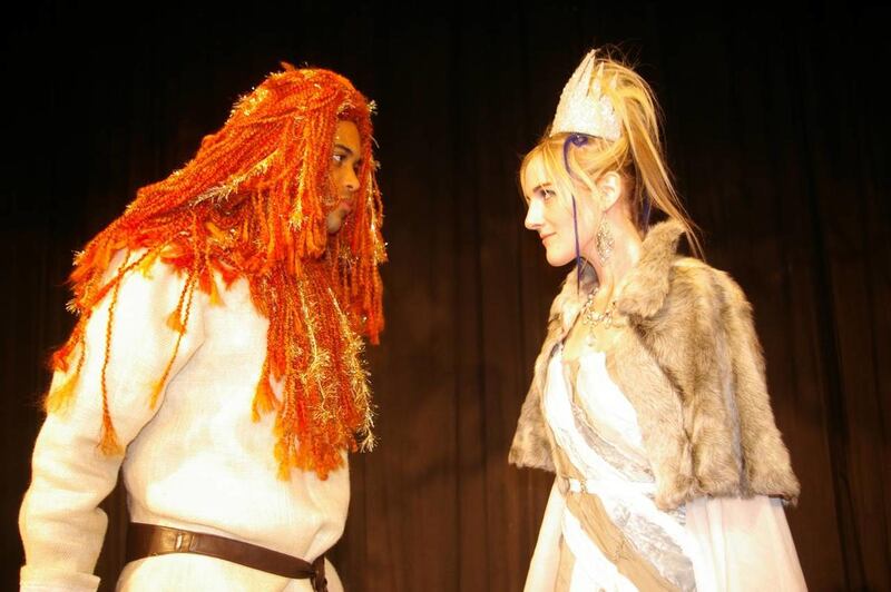 Aslan (James C. Jones) confronts the White Witch (Rebecca Minson) in Zion Theatre Company's "The Lion, the Witch and the Wardrobe."