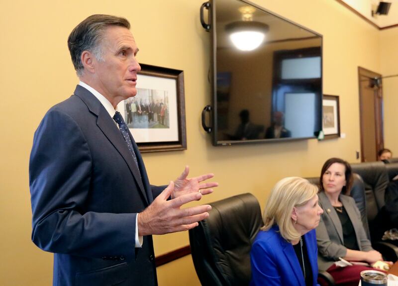Sen. Mitt Romney, R-Utah, meets with House Democrats at the Capitol in Salt Lake City on Thursday, Feb. 21, 2019.