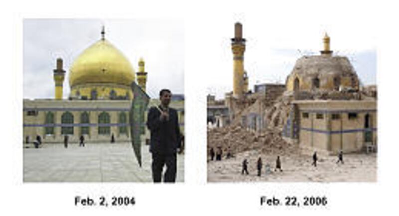 The Askariya shrine in Samarra, 60 miles north of Baghdad, in 2004, left, and on Wednesday. Assailants posing as police used bombs to rip through the 1,200-year-old site. Reprisal attacks and protests ensued.