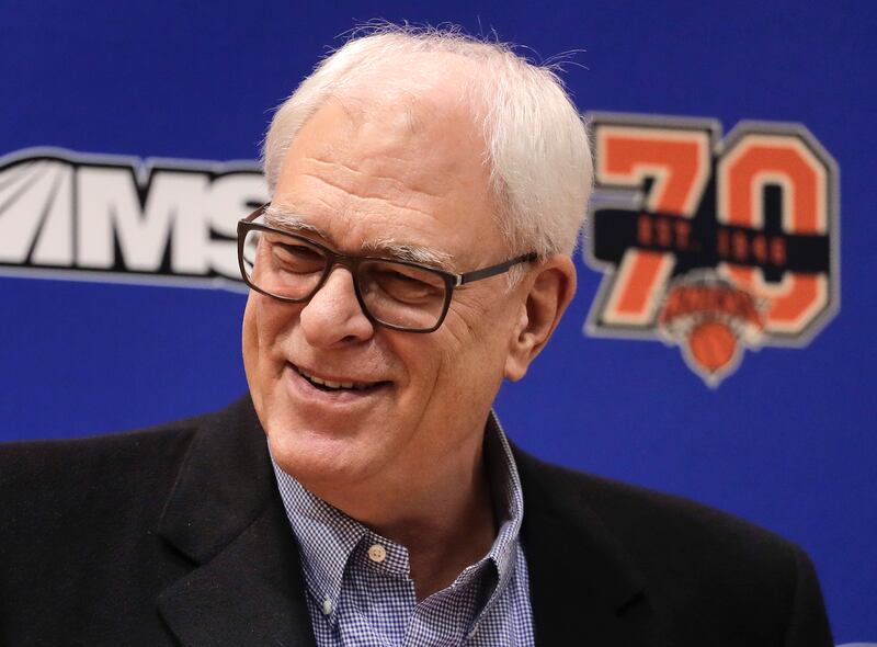 New York Knicks president Phil Jackson answers questions during a news conference at the team's training facility, Friday, April 14, 2017, in Greenburgh, N.Y. (AP Photo/Julie Jacobson)