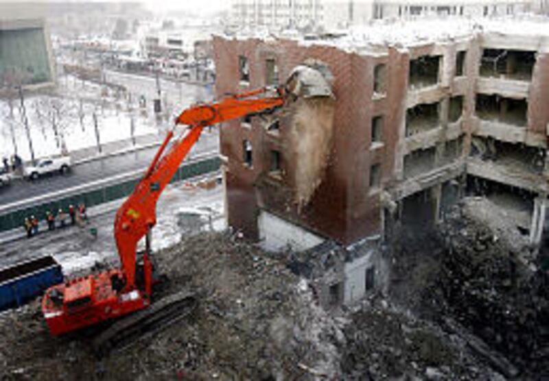 Demolition of the Inn at Temple Square downtown enters a new phase Monday as the exterior walls are pulled down.