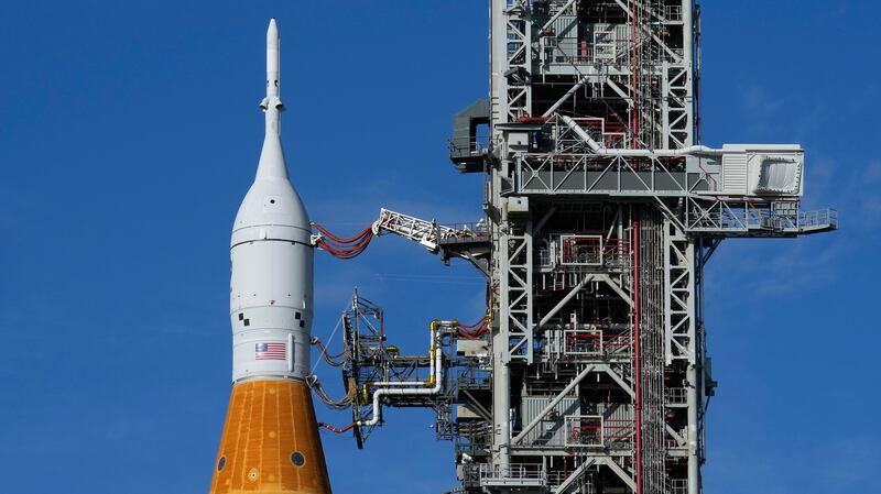 NASA’s new moon rocket upper stage is shown as it sits on Launch Pad 39-B Nov. 13, 2022, in Cape Canaveral, Fla.