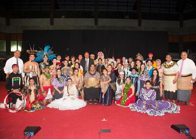 1MP67931 LLG Living Legends South Pacific Tour Nuku'alofa, Tonga Performance at 'Atele Stadium Tongan Crown Prince poses in a group photo with the Living Legends. May 10, 2016 Photography by Mark A. Philbrick/BYU Copyright BYU Photo 2015 All Rights Reserv