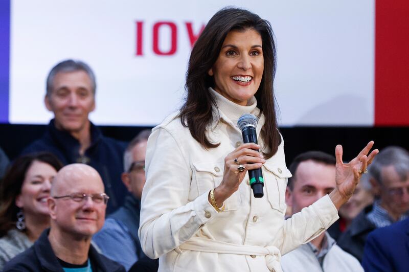 Republican presidential candidate Nikki Haley speaks during a town hall in Marion, Iowa, on Tuesday, Feb. 21, 2023.