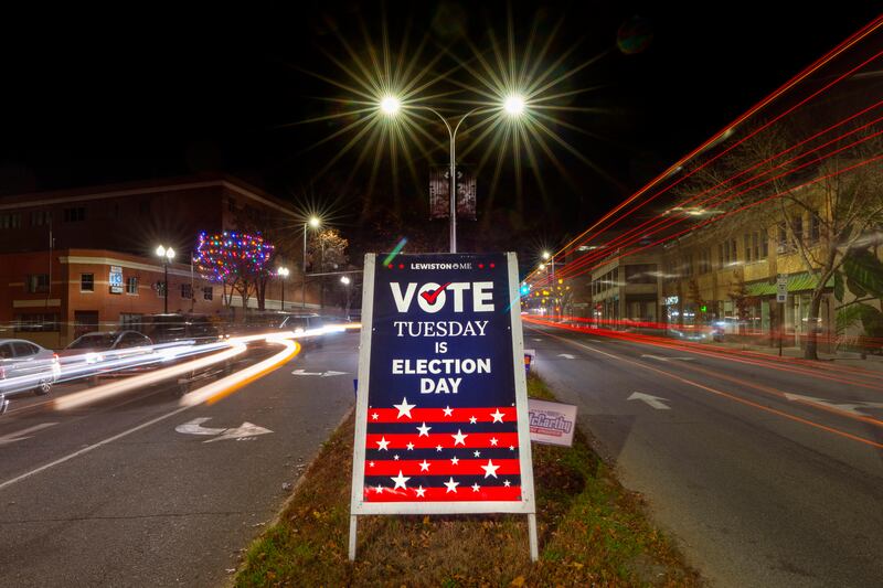 A sign reminds residents to do their civic duty on Election Day in Lewiston, Maine.