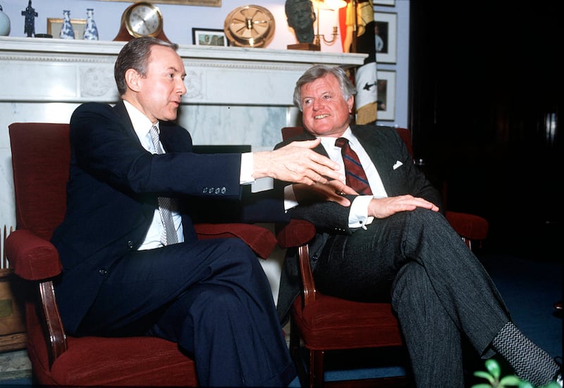 Sens. Orrin Hatch and Ted Kennedy during an interview with the Deseret News.