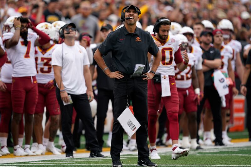 Iowa State coach Matt Campbell watches from the sideline during game vs. Iowa, Saturday, Sept. 10, 2022, in Iowa City, Iowa.
