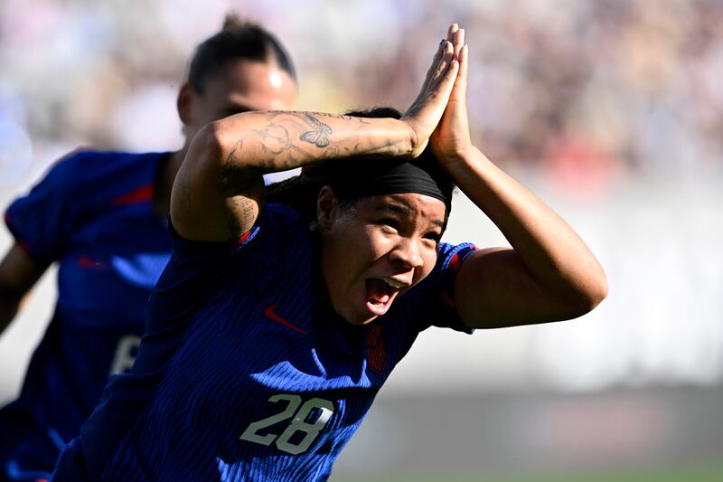 U.S. forward Mia Fishel (28) celebrates after scoring against Colombia during an international friendly on Oct. 29, 2023.