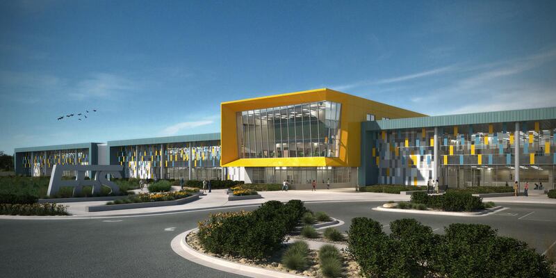 An artists rendering of the new high school being built in Farmington. 