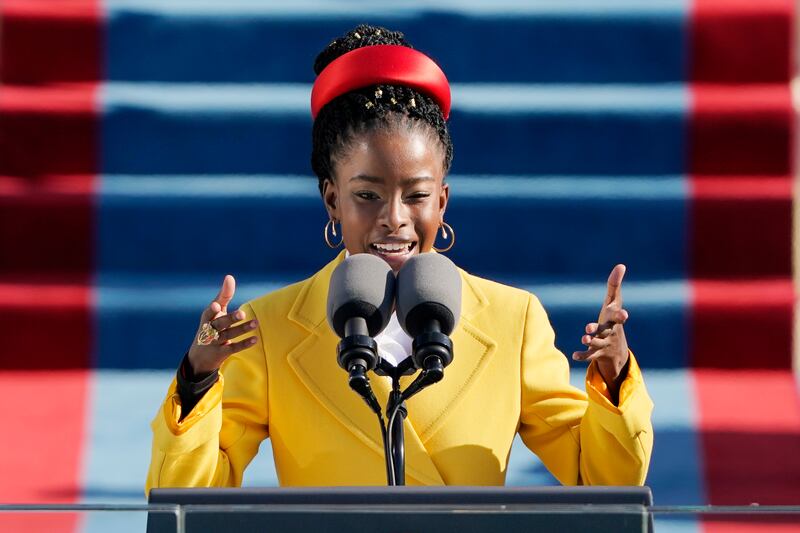 American poet Amanda Gorman reads her commissioned poem “The Hill We Climb” during the 59th Presidential Inauguration at the U.S. Capitol in Washington on Jan. 20, 2021.