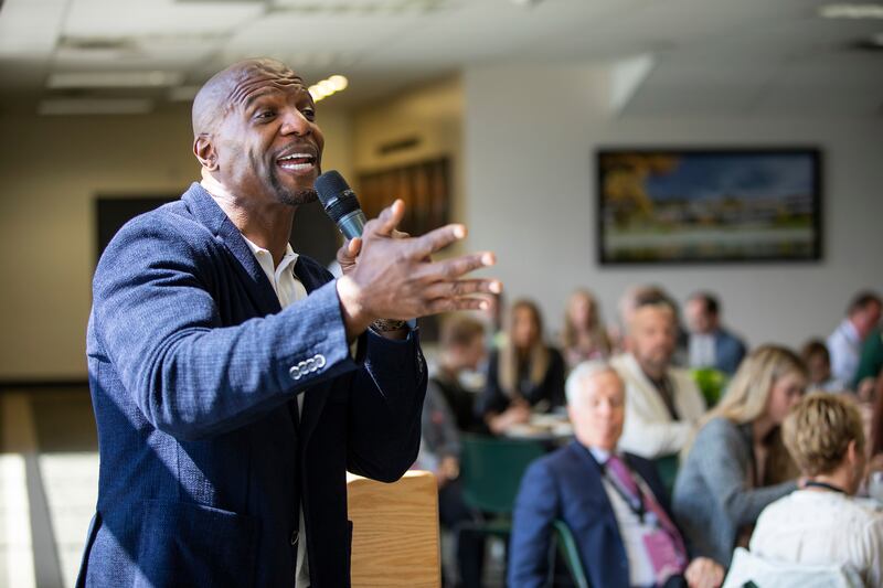 Terry Crews speaks in the UCCU Center on the campus of Utah Valley University in Orem on Thursday, March 28, 2019.