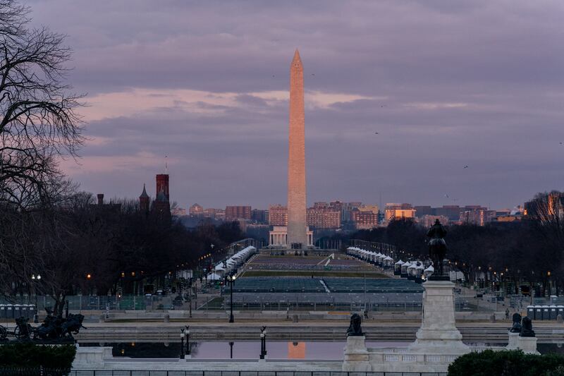 The Washington Monument and the National Mall are visible from the West Front of the U.S. Capitol at the site of the 59th Presidential Inauguration in Washington, Monday, Jan. 18, 2021.