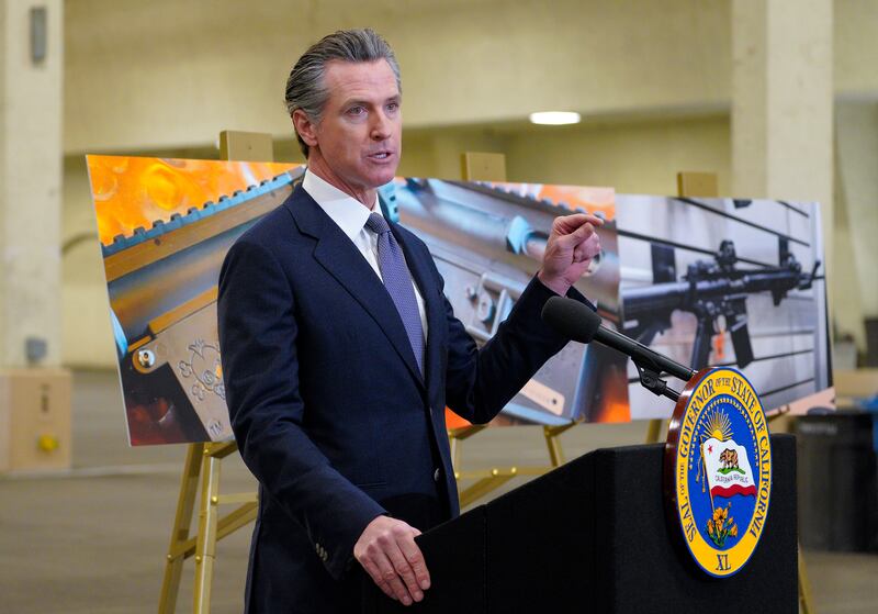 California Gov. Gavin Newsom speaks to reporters at Del Mar Fairgrounds in Del Mar, California.