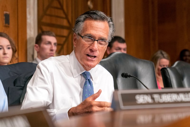 Sen. Mitt Romney, R-Utah, speaks during a Senate hearing on April 20, 2023, in Washington.