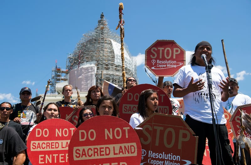 Tribal councilman Wendsler Nosie Sr. speaks with Apache activists in a rally to save Oak Flat in front of the U.S. Capitol, July 22, 2015.