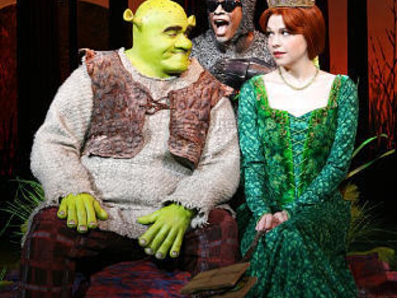 Brian d'Arcy James as Shrek, Daniel Breaker as Donkey and Sutton Foster as Princess Fiona in "Shrek the Musical."