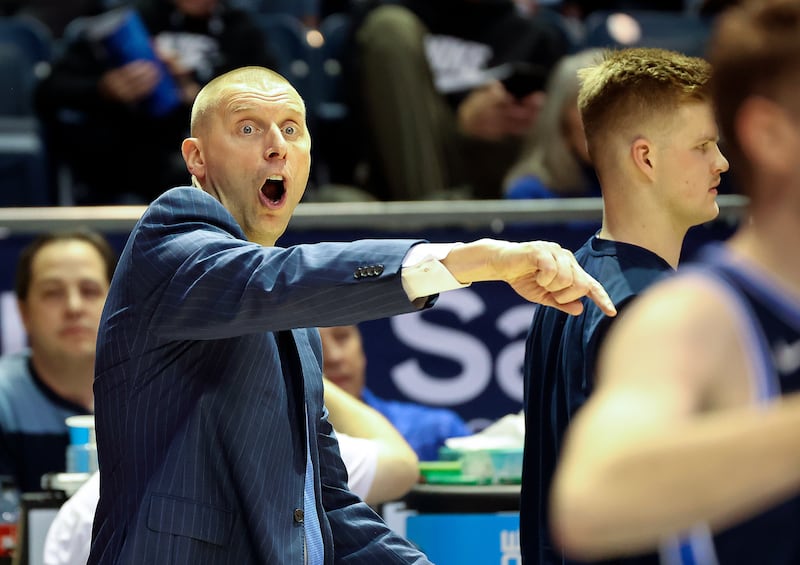 BYU coach Mark Pope yells during game against Missouri State at the Marriott Center in Provo on Wednesday, Nov. 16, 2022.