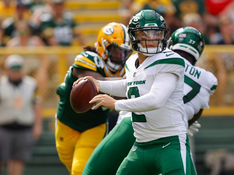 New York Jets quarterback Zach Wilson during the first half of an NFL preseason game against the Green Bay Packers.
