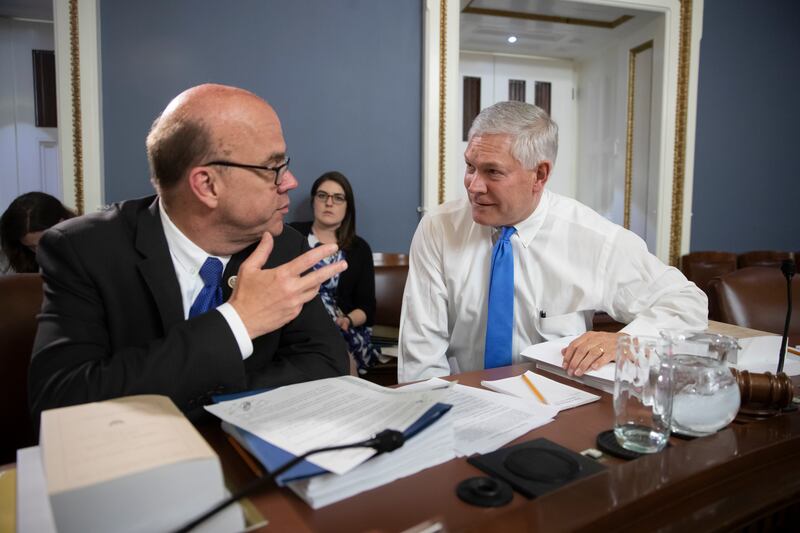 Rep. James P. McGovern, D-Mass, left, the top Democrat on the House Rules Committee, confers with Chairman Pete Sessions, R-Texas, as the House Rules Committee meets to consider amendments to the Agriculture and Nutrition Act of 2018, commonly known as th