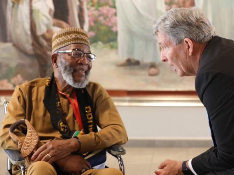 The Rev. Dr. Amos C. Brown and Elder S. Gifford Nielsen share a moment during an Amos Brown Fellows event in Accra Ghana on Aug. 3, 2022.