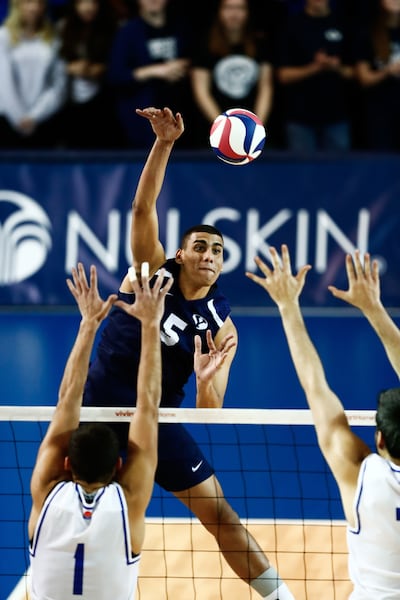 BYU's Gabi Fernandez spikes the ball during the Cougars' victory over Barton at the Smith Fieldhouse on Saturday, Jan. 20, 2018.