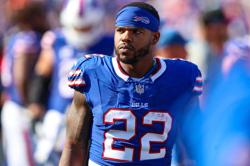 Buffalo Bills running back Damien Harris (22) walks the sideline during an NFL football game against the Miami Dolphins, Sunday, Oct. 1, 2023.