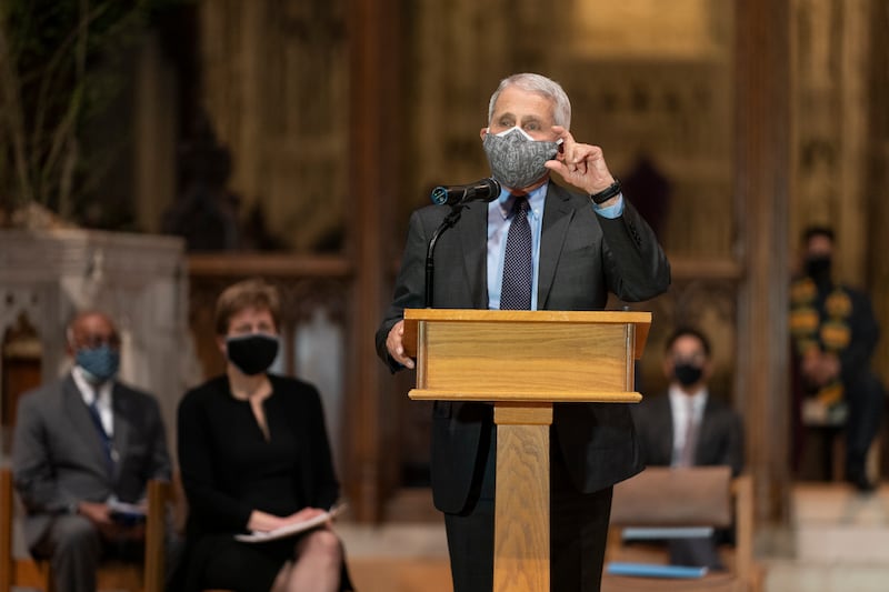 Dr. Anthony Fauci, director of the National Institute of Allergy and Infectious Diseases and chief medical adviser to the president, speaks to a group of interfaith clergy members and community leaders and officials at the Washington National Cathedral, to encourage faith communities to get the COVID vaccine, Tuesday, March 16, 2021 in Washington