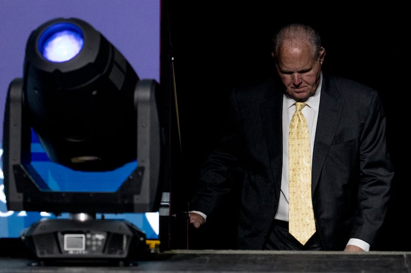 Radio personality Rush Limbaugh takes the stage to introduce President Donald Trump at the Turning Point USA Student Action Summit at the Palm Beach County Convention Center in West Palm Beach, Fla., Saturday, Dec. 21, 2019.