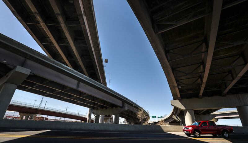 The I-80 and I-15 interchange overpasses cross over 600 West in South Salt Lake on Wednesday, April 7, 2021.