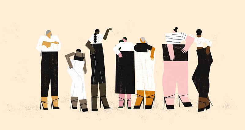 Seven women pose with various body shapes and sizes.