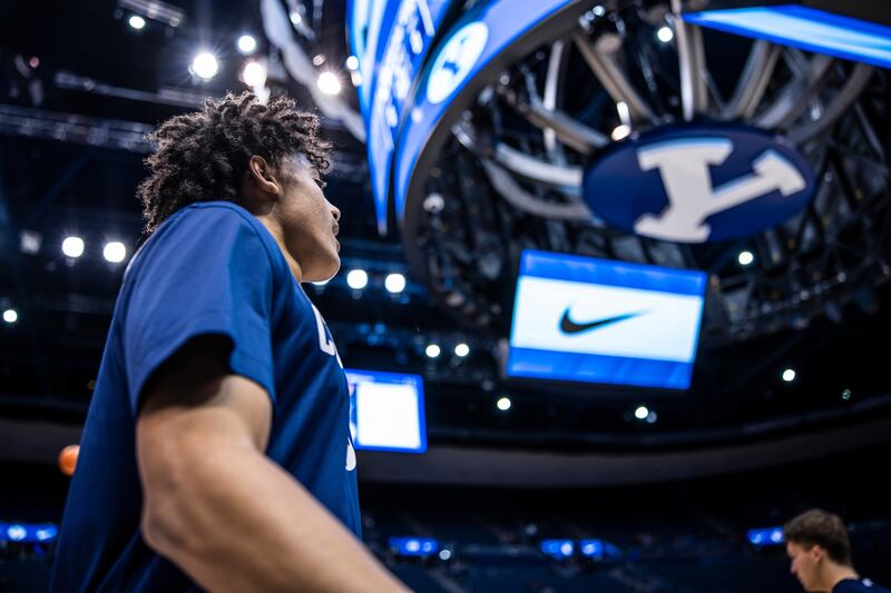 BYU players warm up for game against Pacific at the Marriott Center in Provo on Jan. 6, 2022.