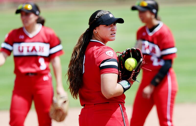 Utah pitcher Mariah Lopez, looks toward home plate during a pause in play as the University of Utah softball team plays Ole Miss in NCAA softball regional championship at Utah in Salt Lake City on Sunday, May 21, 2023. Utah won 4-1.