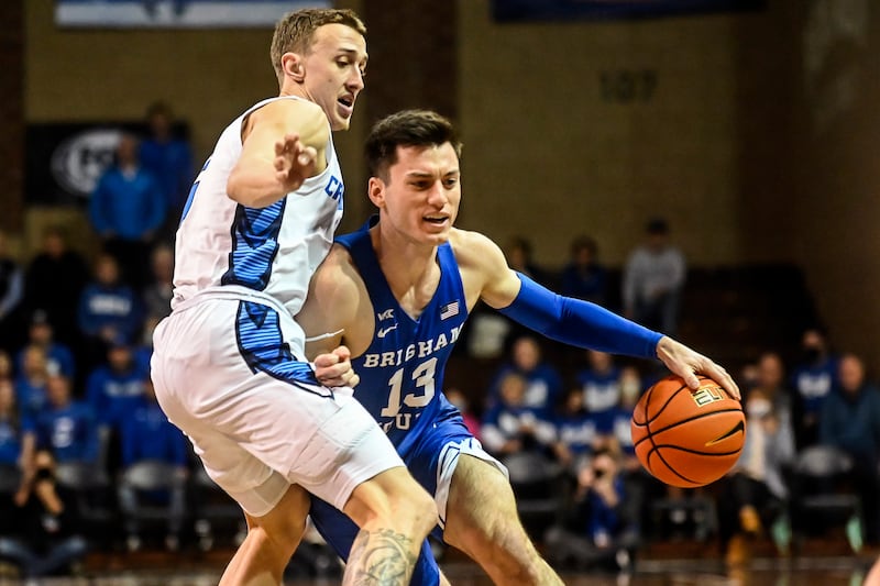 BYU’s Alex Barcello dribbles against Creighton’s Alex O’Connell during a game at the Sanford Pentagon in Sioux Falls, S.D.