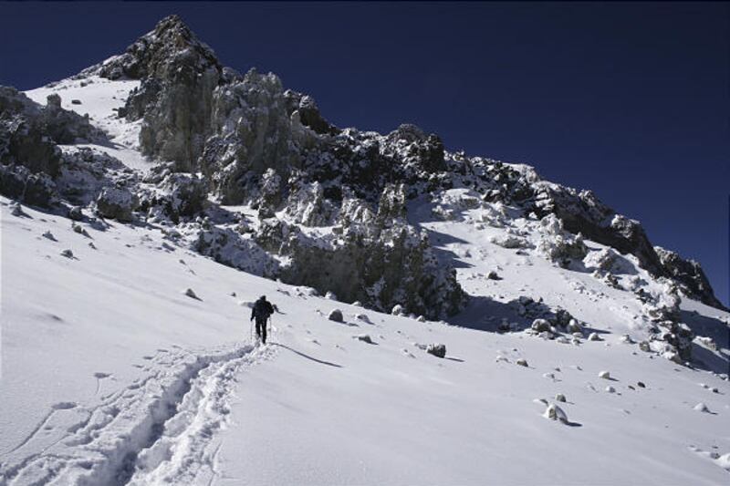 A climber hikes from Berlin Camp toward the summit of Aconcagua, the highest mountain in Western Hemisphere.A climber hikes from Berlin Camp toward the summit of Aconcagua, the highest mountain in Western Hemisphere.