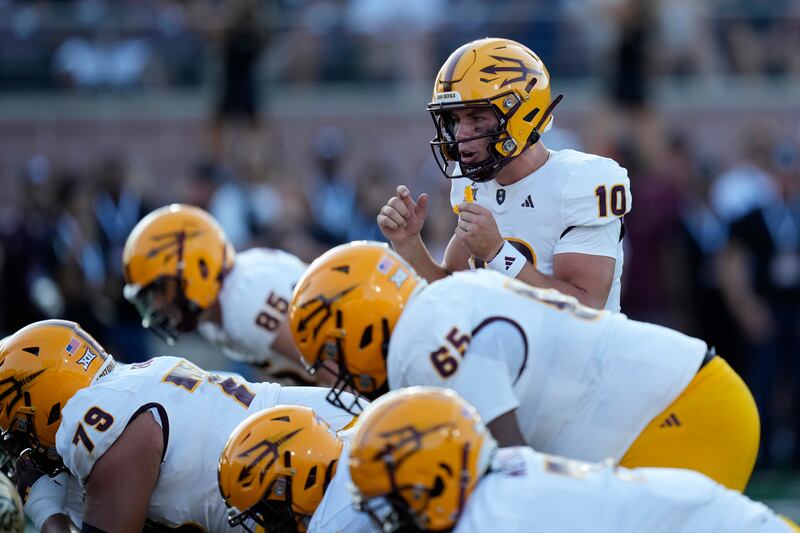 Arizona State quarterback Sam Leavitt (10) makes a call during game against Texas State in San Marcos, Texas, Thursday, Sept. 12, 2024.