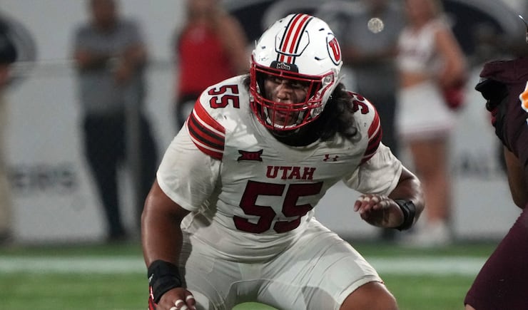 Utah offensive lineman Spencer Fano lines up during game against Arizona State, Friday, Oct. 11, 2024, in Tempe, Ariz.
