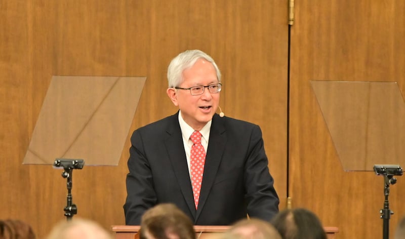 Elder Gerrit W. Gong talks about discipleship and artificial intelligence at a conference on Wednesday, Nov. 5, 2025.