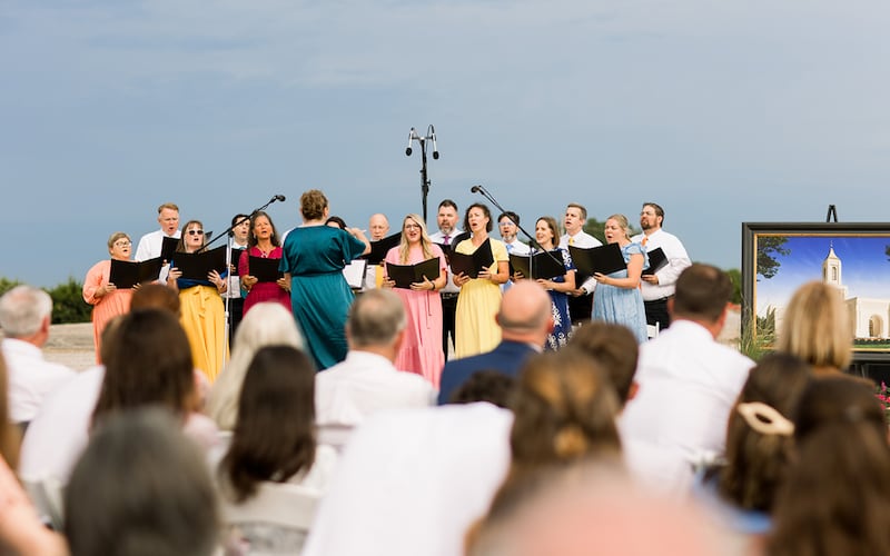 A multistake choir sings “Praise to the Lord, the Almighty” during the groundbreaking ceremony of the Tulsa Oklahoma Temple on Saturday, Aug. 22, 2026, in Tulsa, Oklahoma.