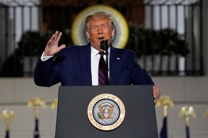 President Donald Trump speaks from the South Lawn of the White House on the fourth day of the Republican National Convention, Thursday, Aug. 27, 2020, in Washington.