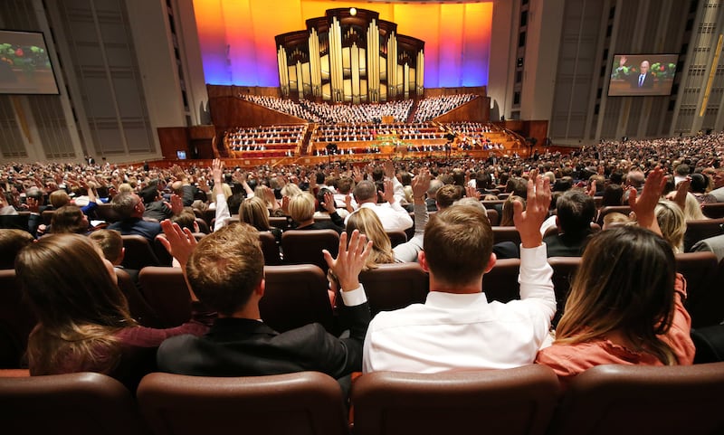 Attendees sustain leaders during the Saturday afternoon session of the 189th Annual General Conference of The Church of Jesus Christ of Latter-day Saints in the Conference Center in Salt Lake City on Saturday, April 6, 2019.