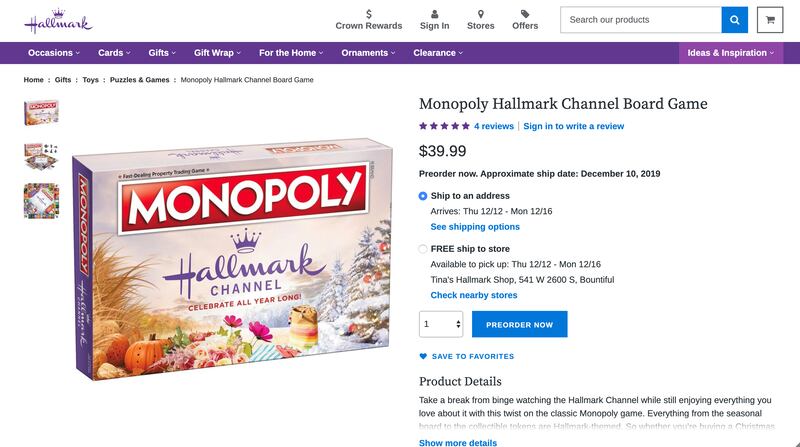 There’s a Christmas tree farm and holiday bakery instead of Boardwalk and Park Place.