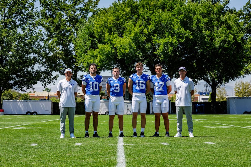 BYU quarterbacks pose for a group shot during photo day at BYU, Wednesday, Aug. 6, 2025.