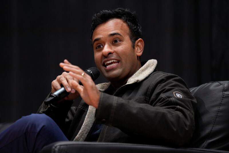 Republican presidential candidate Vivek Ramaswamy speaks during the Faith and Family with the Feenstras event on Dec. 9, 2023.