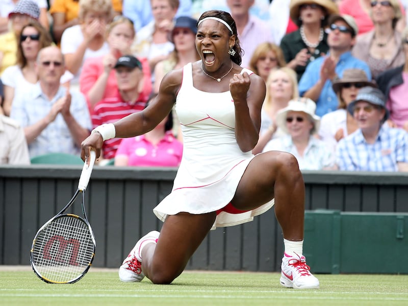 Serena Williams celebrates winning a point against Russia’s Vera Zvonareva during their women’s singles final at the All England Lawn Tennis Championships at Wimbledon.
