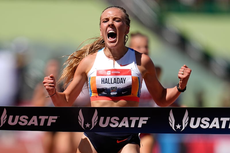Lexy Halladay-Lowry wins women's 3,000-meter steeplechase final at the U.S. Championships athletics meet in Eugene, Oregon, Saturday, Aug. 2, 2025. (AP Photo/Abbie Parr)