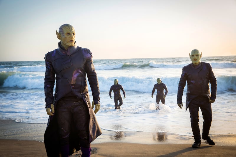 This image released by Disney-Marvel Studios shows Ben Mendelsohn, left, in a scene from "Captain Marvel."