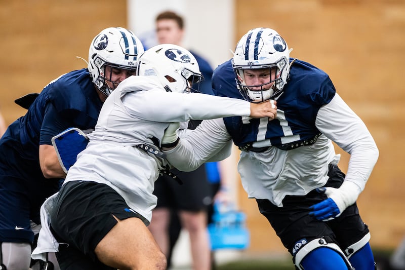 BYU interior linemen get after it during 2022 spring drills at the Indoor Practice Facility in Provo.