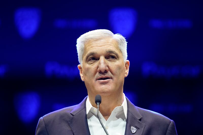 Pac-12 commissioner George Kliavkoff speaks at Pac-12 football media day Friday, July 29, 2022, in Los Angeles.